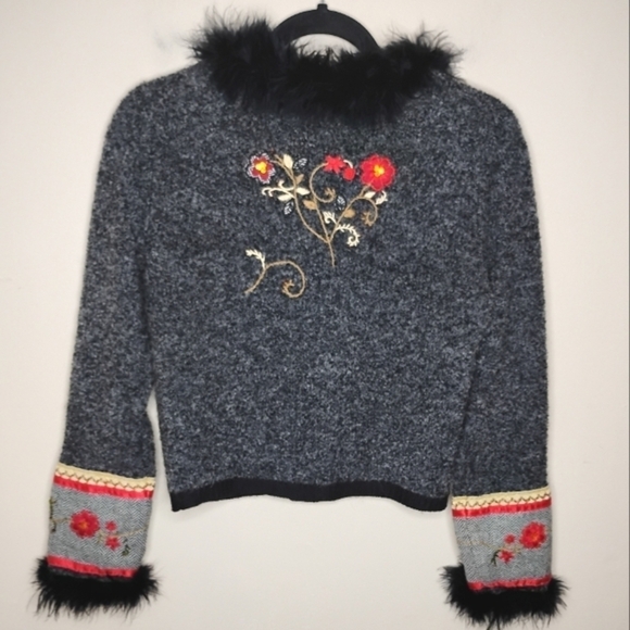Vintage Ruby Cho Feather Trim Floral Embroidered Cardigan Sweater Holiday Artsy - Picture 8 of 11